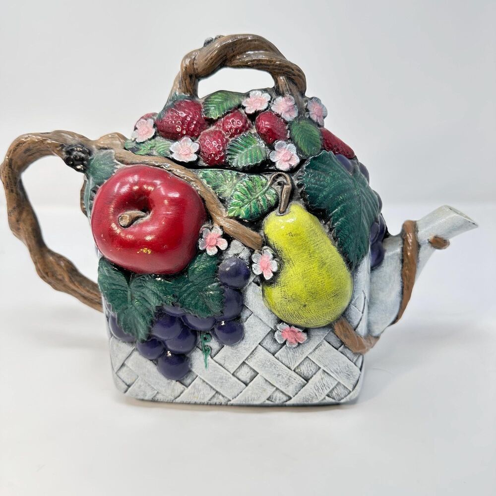 Vintage Ceramic Fruit Basket Teapot- Hand-Painted 1990s Decor- 9” x 11 1/4” x 5”